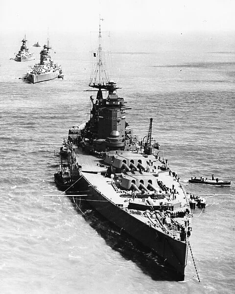 H. M.s Nelson at anchor with her sister ships in the Solent. Circa 1935
