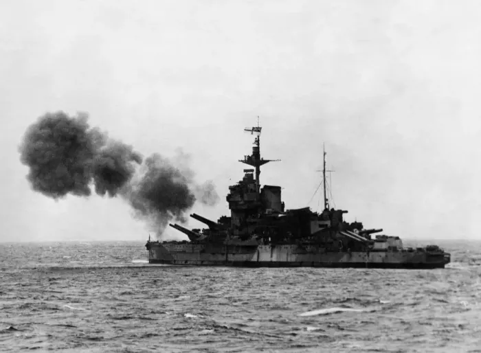 Framed Print : H. M.s Warspite off Le Harve shelling German gun battened in support of the landings Framed Print : H. M.s Warspite off Le Harve shelling German gun battened in support of the landings