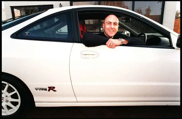 Framed Print : Hairdresser Phillip Politti in his Honda Integra Type R car December 1998