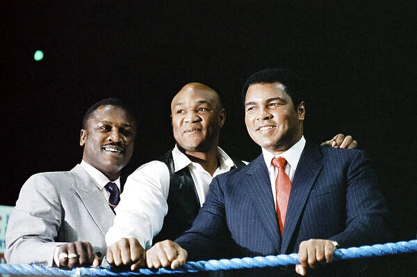 Hall of fame boxers (from left to right) Joe Frazier George Foreman and Muhammad Ali