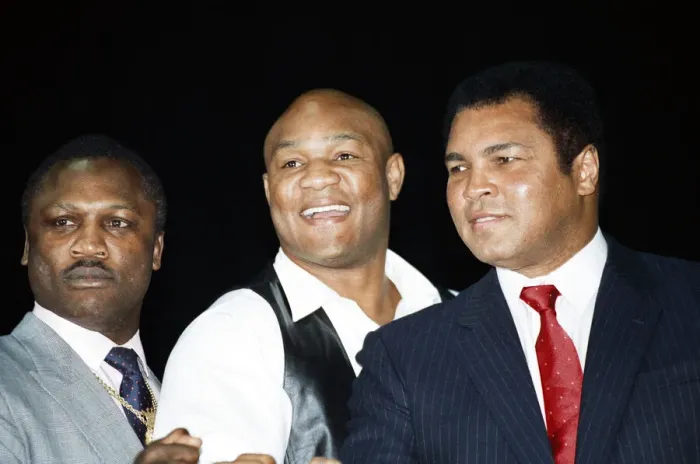 Framed Print : Hall of fame boxers (from left to right) Joe Frazier George Foreman and Muhammad Ali Framed Print : Hall of fame boxers (from left to right) Joe Frazier George Foreman and Muhammad Ali