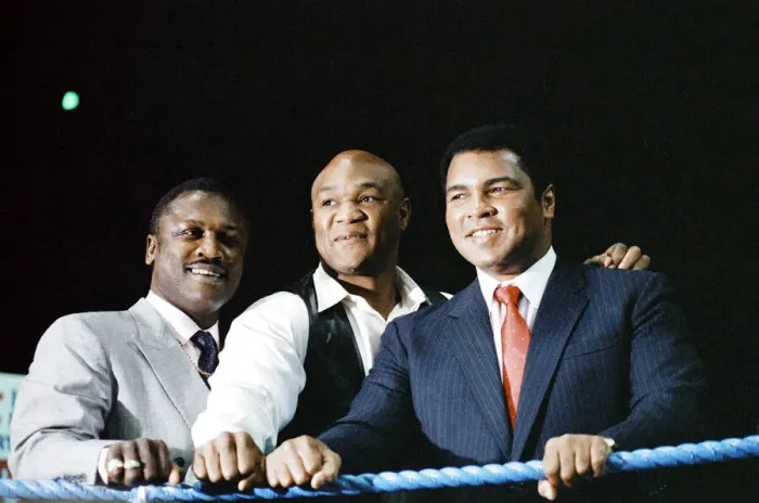 Framed Print : Hall of fame boxers (from left to right) Joe Frazier George Foreman and Muhammad Ali