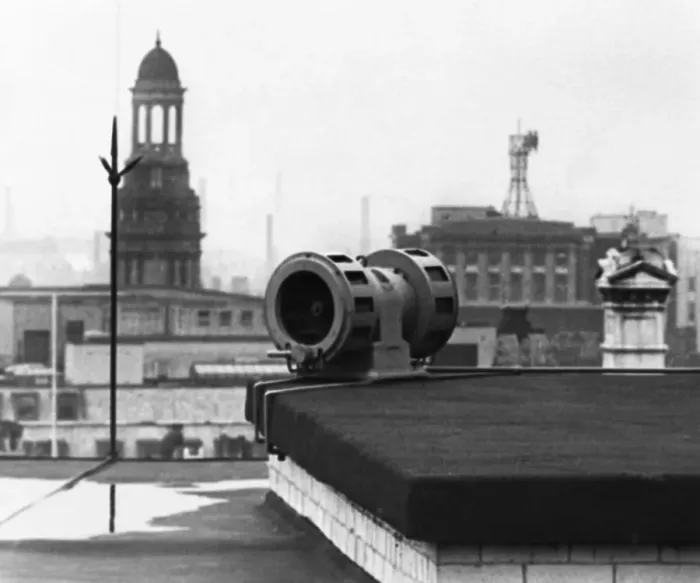 Framed Print : Hallawell. Air raid siren on top of Lewiss Market Street building in