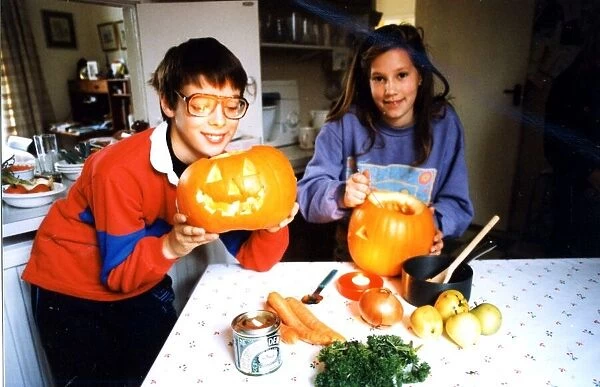 Halloween - Children prepare their pumpkin for Halloween - 27th October1992