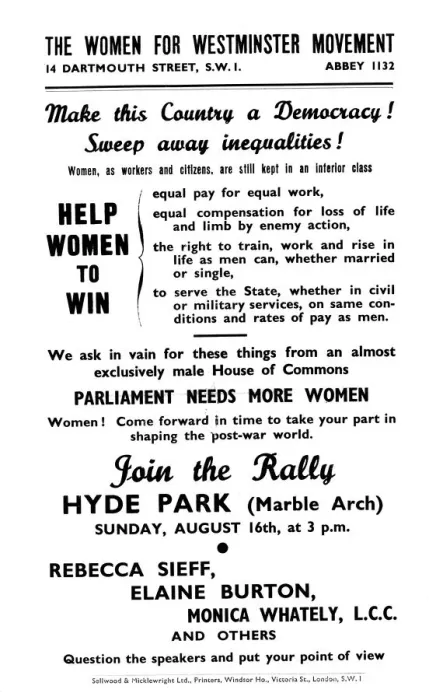 Framed Print : A hand bill from The Women for Westminster Movement advertising a rally at Hyde Park