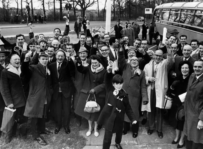 Framed Print : A happy group of Alvechurch supporters leaving West Heath for the Amateur Cup semi final