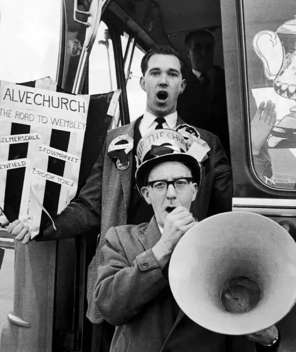 Framed Print : A happy group of Alvechurch supporters on their way to Stamford Bridge for their team