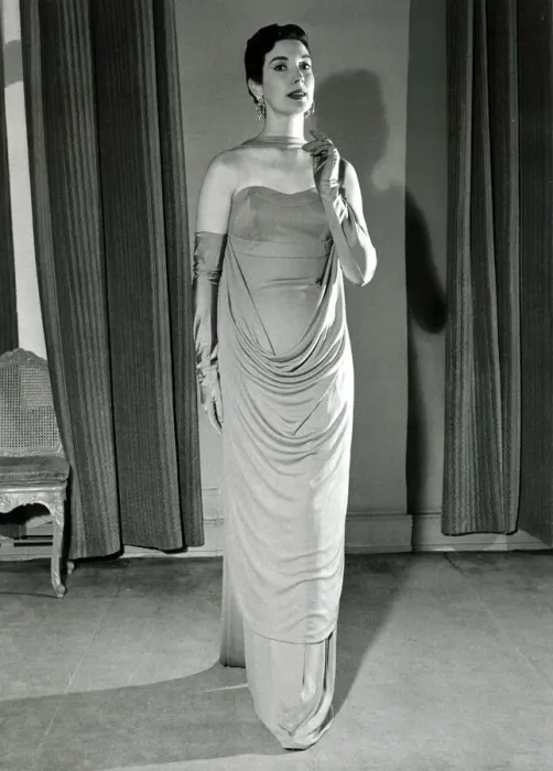 Framed Print : Harnell fashions 1950s - August 1955 Artemus - An Empire line dress in slate blue