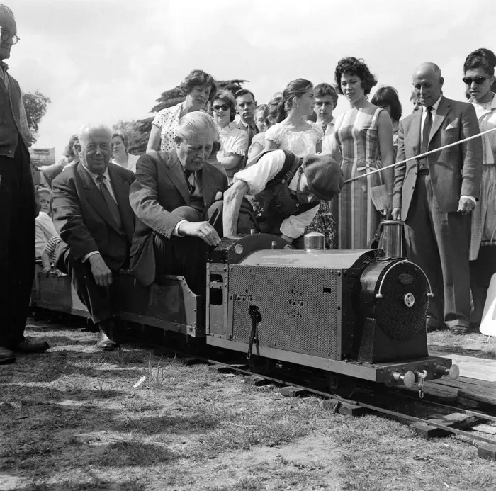 Framed Print : Harold MacMillan MP riding on model railway June 1962 Framed Print : Harold MacMillan MP riding on model railway June 1962
