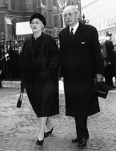 Harold MacMillan former Prime Minister arrives with his wife to a memorial service at
