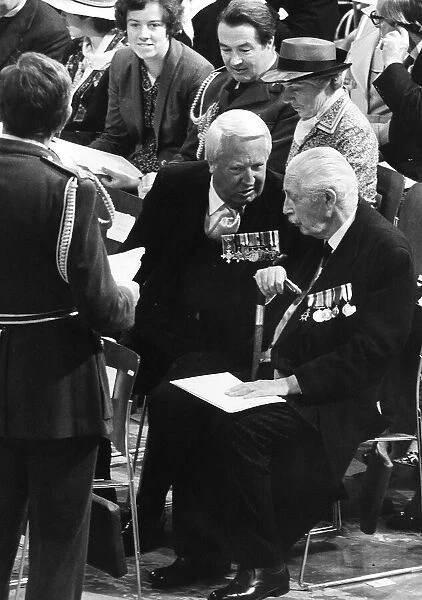 Harold MacMillan former Prime Minister talks to Edward Ted Heath former Prime Minister at