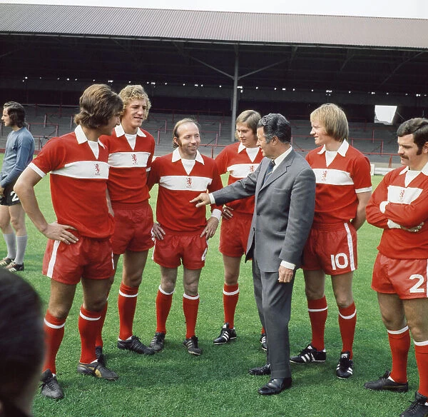 Harold Shepherdson (England and Middlesbrough trainer) talks with the Brough players