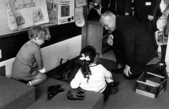 Framed Print : Harold Wilson British Prime Minister - June 1969 opens a new school in Aberfan