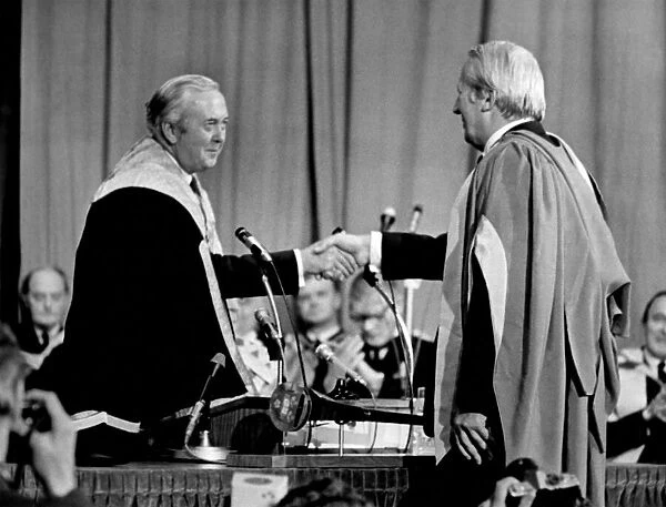 Harold Wilson confers degree on Edward Heath, Prime Minister at Bradford University
