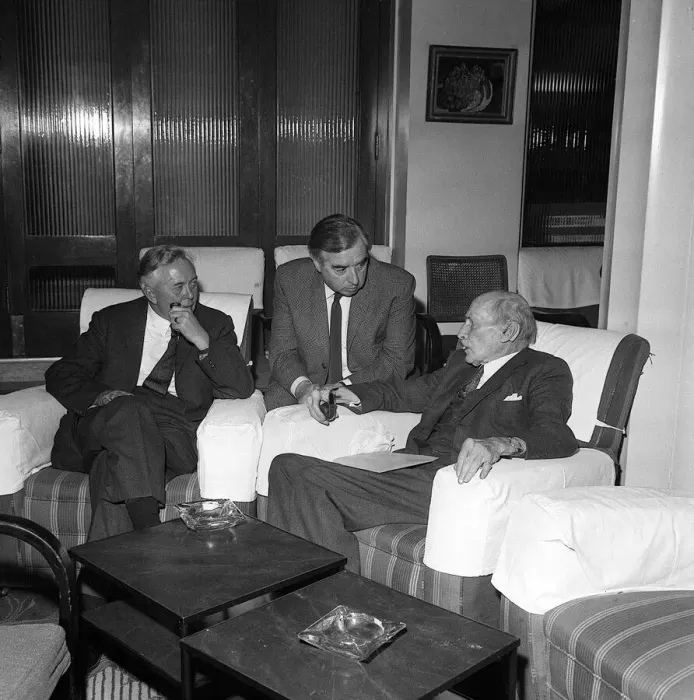 Framed Print : Harold Wilson and George Brown sitting with Lord Attlee in their hotel in Scarborough