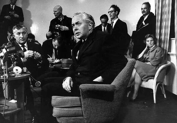 Harold Wilson former Labour Prime Minister of Britain at press conference at London