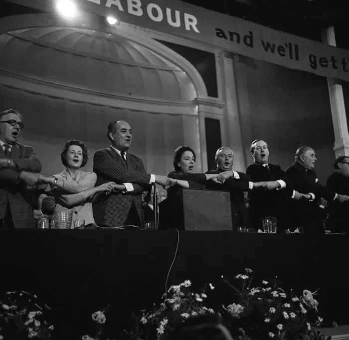 Framed Print : Harold Wilson leading his colleagues Dick Crossing, Barbara Castle, Tom Dribers
