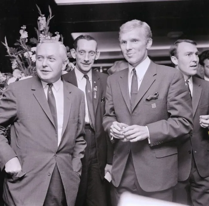 Framed Print : Harold Wilson meets Bobby Moore and Jimmy Greaves members of the England team at a Framed Print : Harold Wilson meets Bobby Moore and Jimmy Greaves members of the England team at a