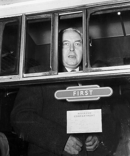 Harold Wilson Prime Minister leaving Euston for Liverpool to attend Daily Mirror Boom