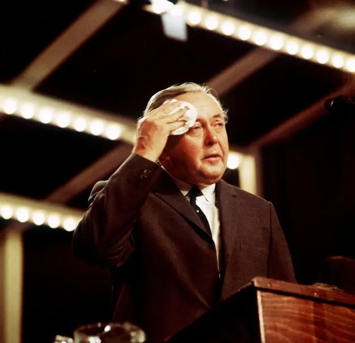 Framed Print : Harold Wilson seen here wiping his brow whilst delivering his speech to conference Framed Print : Harold Wilson seen here wiping his brow whilst delivering his speech to conference