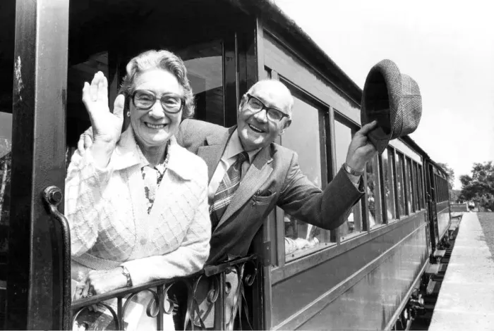 Framed Print : Bill Harrison and wife Jeanne on the first all day service by Tanfield Railway from a new Framed Print : Bill Harrison and wife Jeanne on the first all day service by Tanfield Railway from a new