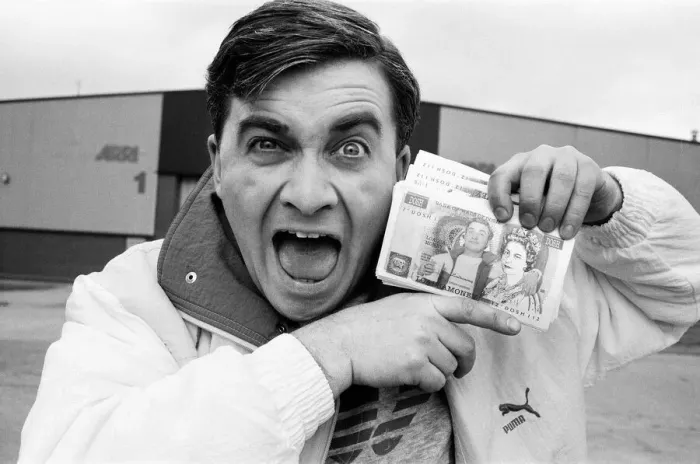 Framed Print : Harry Enfield Shows of his money. 17th April 1988 Framed Print : Harry Enfield Shows of his money. 17th April 1988