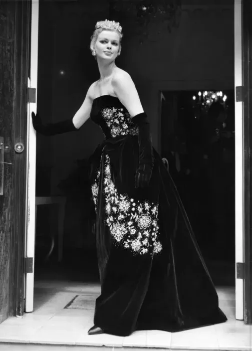 Framed Print : Hartnell - Autumn Collection. Queen of Diamonds - A strapless, black velvet dress Framed Print : Hartnell - Autumn Collection. Queen of Diamonds - A strapless, black velvet dress