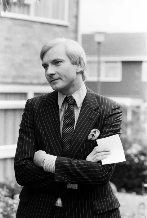 Framed Print : Harvey Proctor, 34 year old MP for Basildon, Essex, talking to reporters outside his home Framed Print : Harvey Proctor, 34 year old MP for Basildon, Essex, talking to reporters outside his home