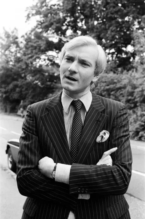 Framed Print : Harvey Proctor, 34 year old MP for Basildon, Essex, talking to reporters outside his home Framed Print : Harvey Proctor, 34 year old MP for Basildon, Essex, talking to reporters outside his home