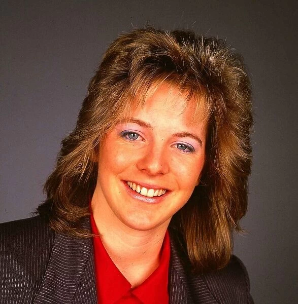 Hazel Irvine TV presenter November 1987 wearing red scarf