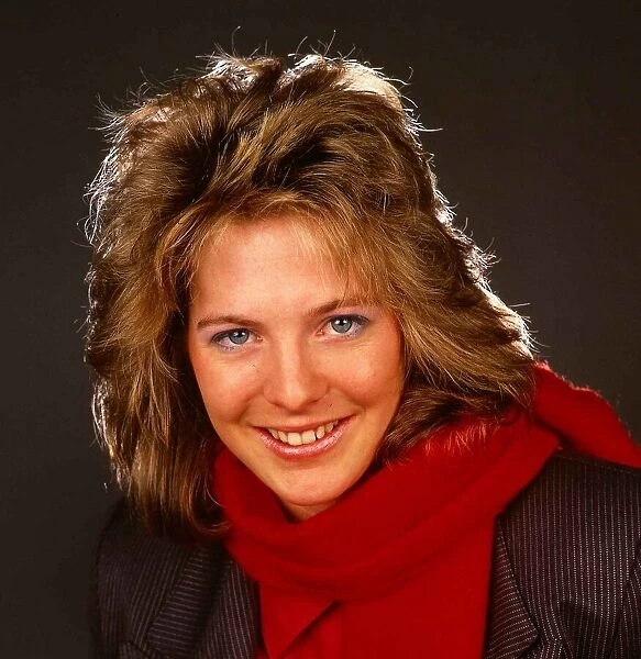 Hazel Irvine TV presenter November 1987 wearing red scarf