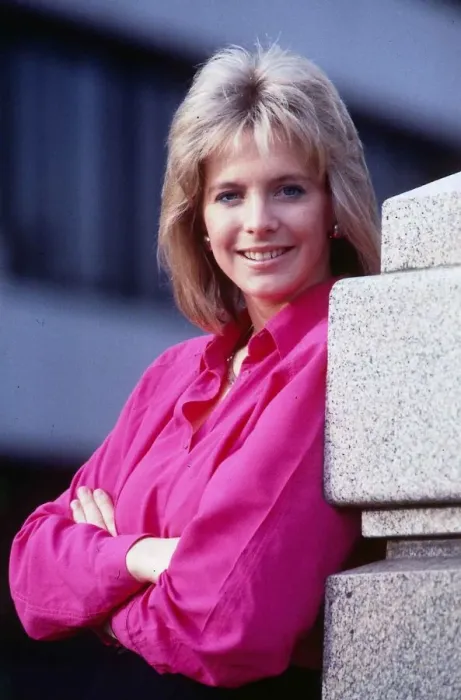Framed Print : Hazel Irvine TV presenter November 1988 wearing pink blouse shirt arms folded arms
