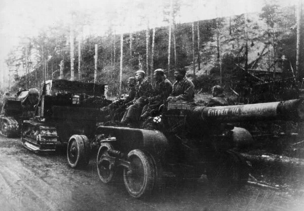 Heavy artillery of the Soviet Red Army on the march in the Karelian Isthmus area of land