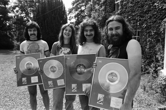 Framed Print : Heavy Metal group Black Sabbath pictured with the silver discs they received for Framed Print : Heavy Metal group Black Sabbath pictured with the silver discs they received for