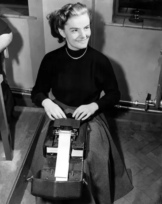 Framed Print : Helen Holme, April 1953 Office worker operating a Palantype machine Student Framed Print : Helen Holme, April 1953 Office worker operating a Palantype machine Student