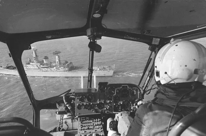 Framed Print : The helicopter heads towards the landing platform on the stern of HMS Aurora during a Framed Print : The helicopter heads towards the landing platform on the stern of HMS Aurora during a