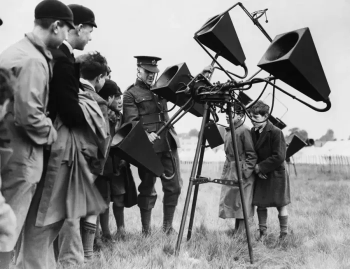 Framed Print : Hendon air day, youngsters being shown anti aircraft sound Framed Print : Hendon air day, youngsters being shown anti aircraft sound