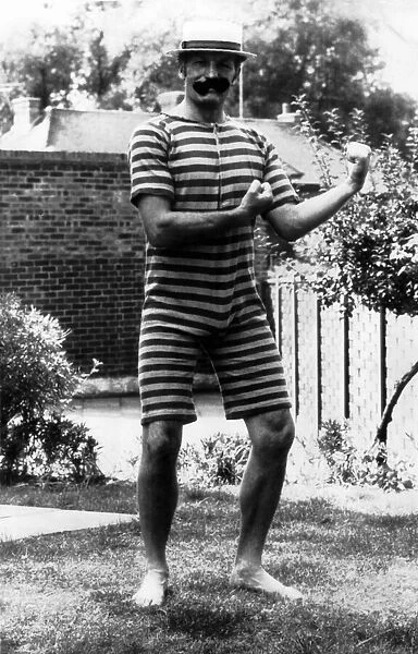 Henry Cooper British boxer June 1975 wearing old fashioned swimming suit to promote