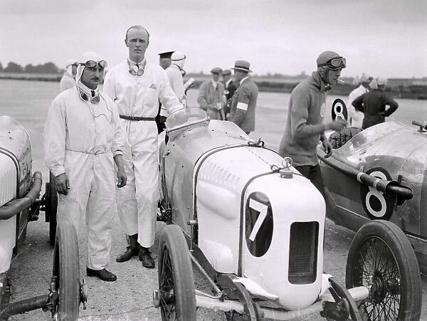 Henry Segrave with his motor racing car competing at the Brooklands circuit