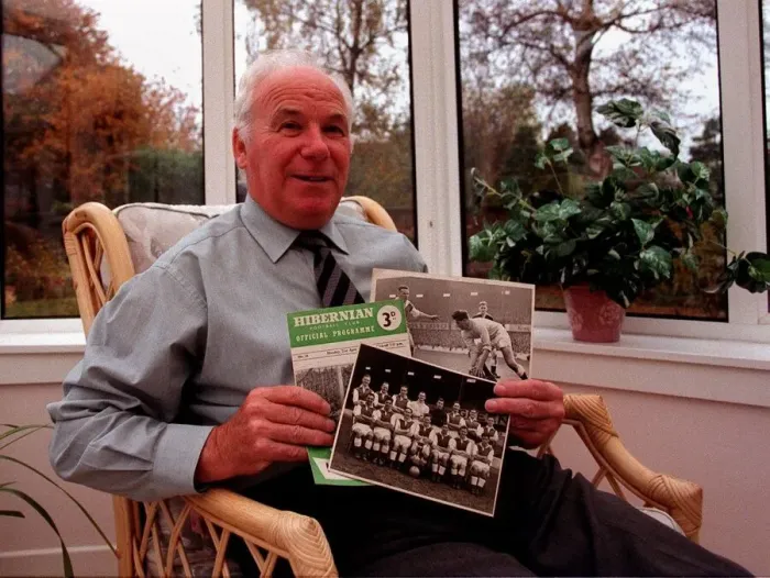 Framed Print : Hibernian football legend Lawrie Reilly at home with mememtoes of his playing career Framed Print : Hibernian football legend Lawrie Reilly at home with mememtoes of his playing career