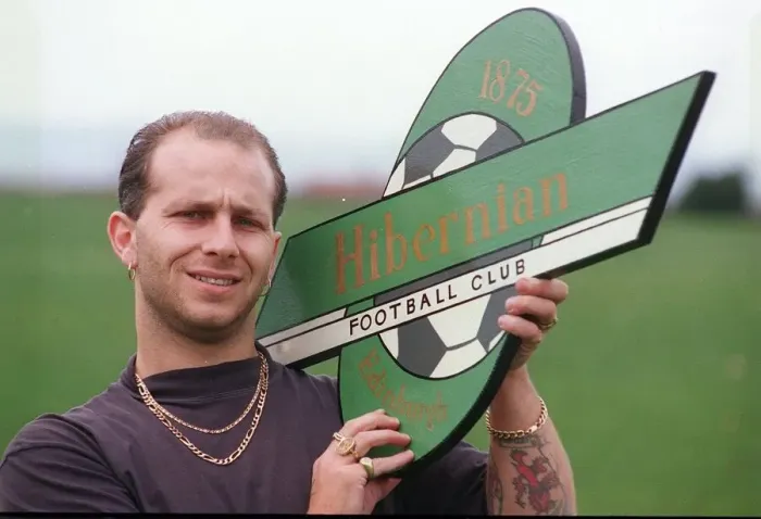 Framed Print : Hibs casual fan Andy Blance from Fife October 1993 holding Hibernian sign member of Framed Print : Hibs casual fan Andy Blance from Fife October 1993 holding Hibernian sign member of