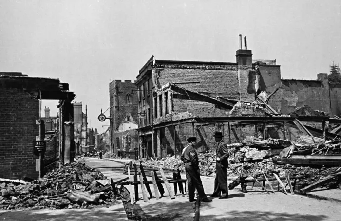 Framed Print : Hight Street, Canterbury, Kent, following an air raid. Circa 1942 Framed Print : Hight Street, Canterbury, Kent, following an air raid. Circa 1942