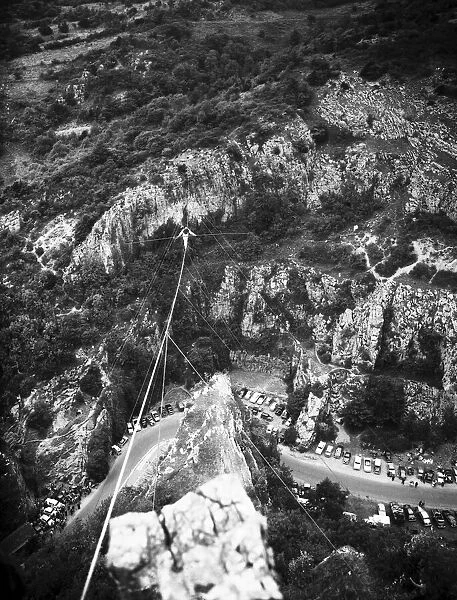 Highwire walker Rudi Omankowsky, crossed the 320 yards of the Cheddar Gorge blindfolded