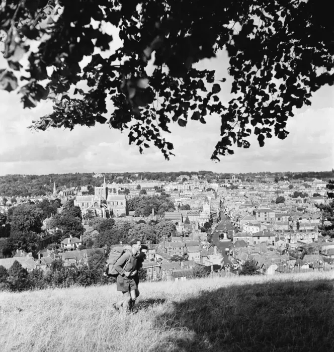 Framed Print : Hikers climb the hills that surround Winchester and its cathedral. September 1952 C4378