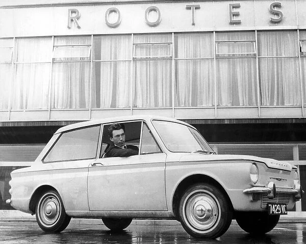 Hilman Imp car, positioned outside the Linford Factory that has been taken over my Rootes
