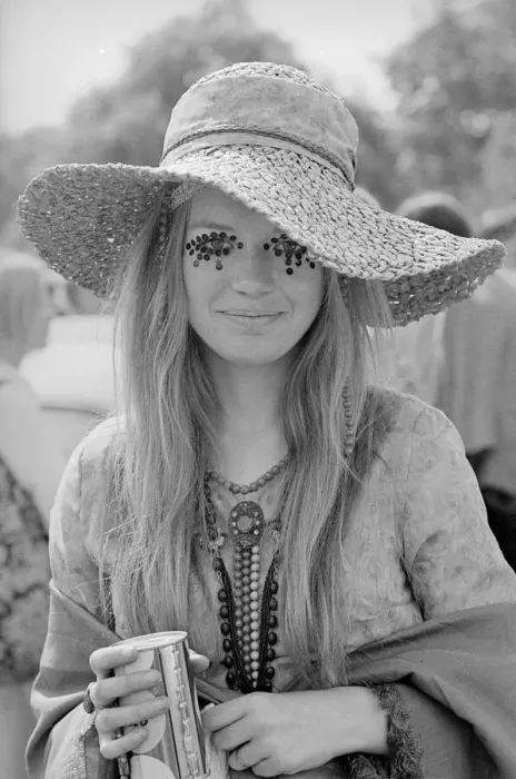 Framed Print : A Hippy lady with large hat and eye make up at the free Rolling Stones concert in Hyde Framed Print : A Hippy lady with large hat and eye make up at the free Rolling Stones concert in Hyde