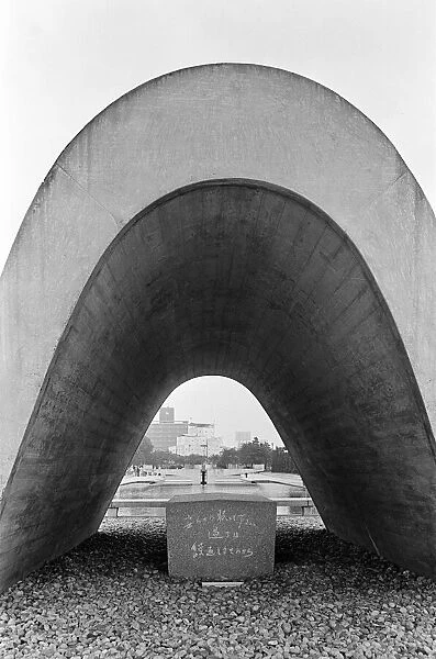 Hiroshima Victims Memorial Cenotaph, Peace Memorial Park, Hiroshima, Japan, August 1967