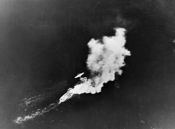Hit by a bomber plane of RAF Coastal Command, an enemy vessel off the coast of Norway