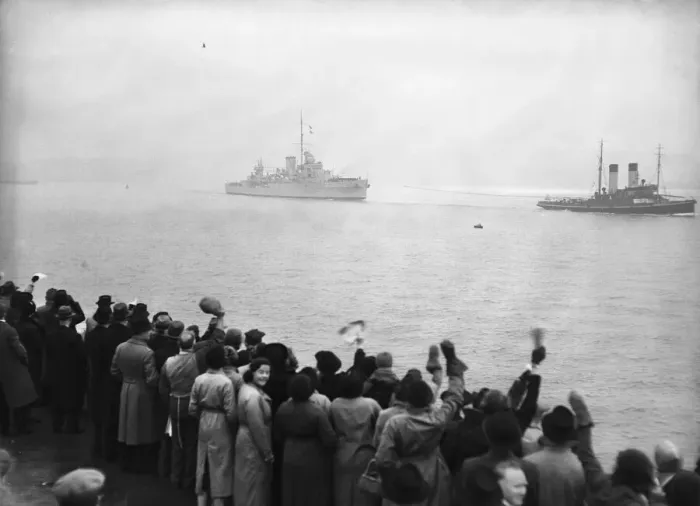 Framed Print : HMS Ajax returns to the Royal Navy dockyards at Devonport following the destruction of Framed Print : HMS Ajax returns to the Royal Navy dockyards at Devonport following the destruction of