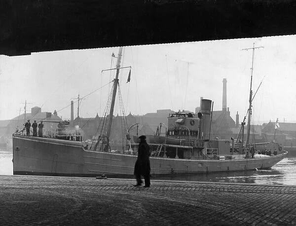 HMS Cherwell a Royal Navy fishery protection trawler seen here docking at Victoria Dock